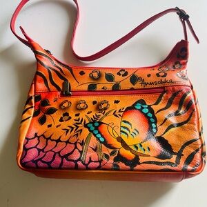 Anuschka Vibrant Orange and Red Hand-Painted Shoulder Bag